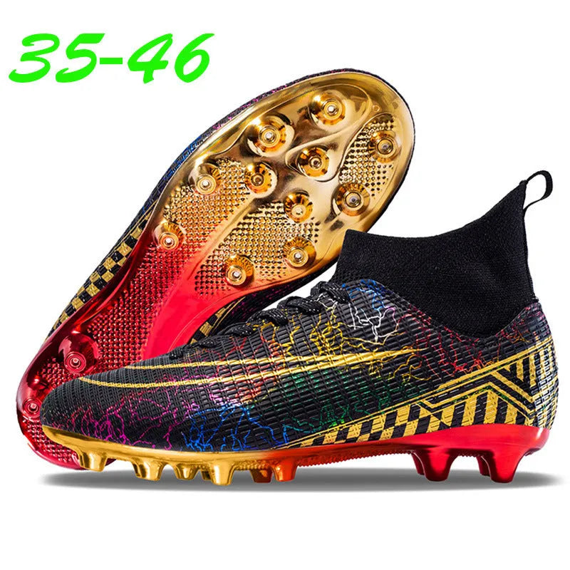High-top soccer training shoes with gold plated soles and synthetic leather upper in mandarin duck colour