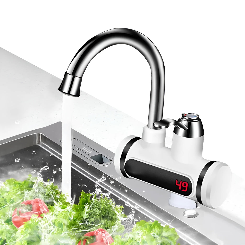 White electric water heater tap with digital temperature display for kitchen sink installation
