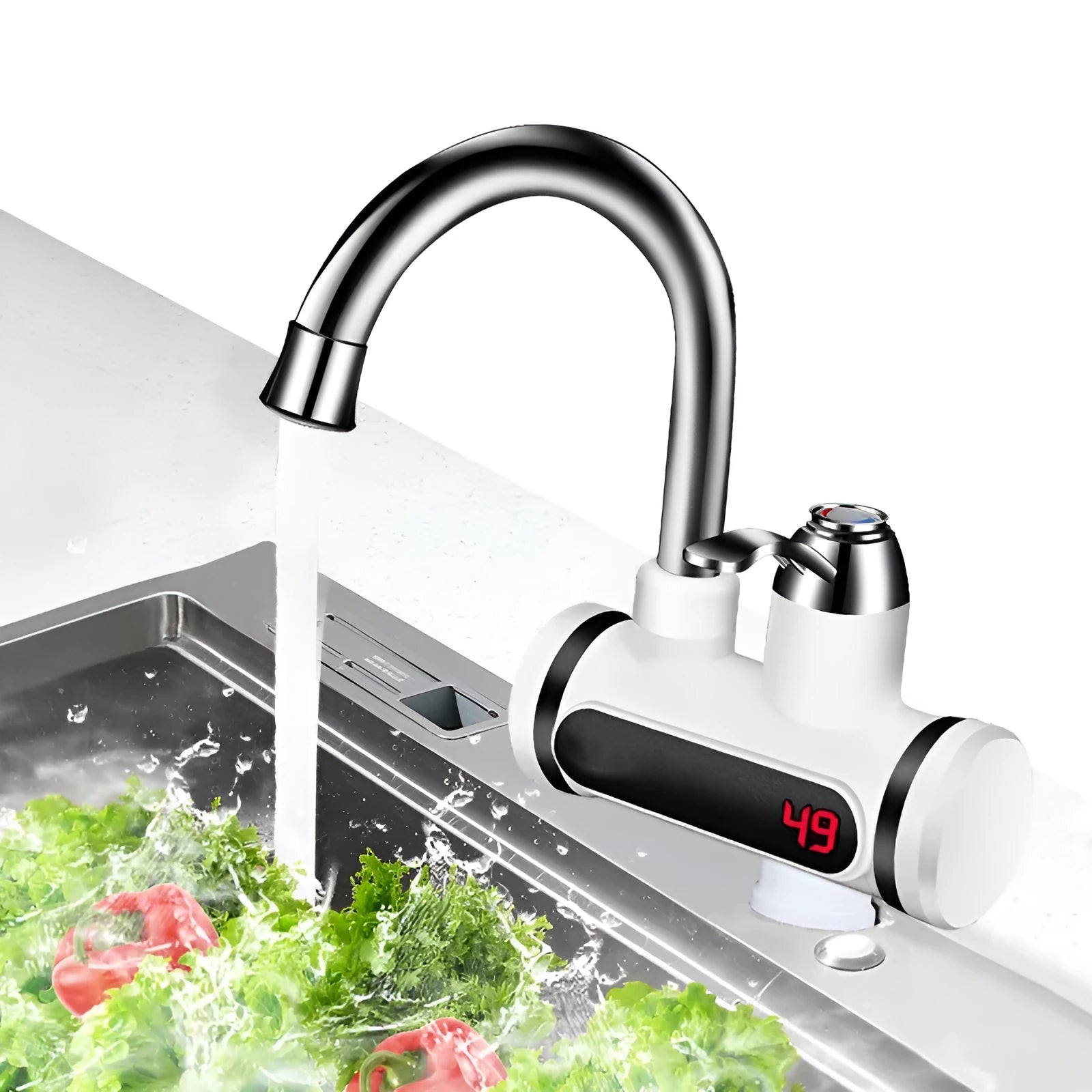 White electric water heater tap with digital temperature display for kitchen sink installation