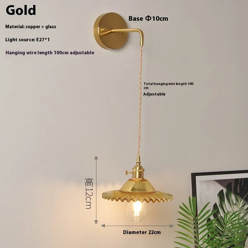 Retro brass lotus wall lamp with copper body and glass shade in six colour options