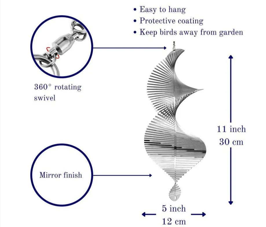Rotating metal wind runner garden pendant in spiral shape, silver and colourful options