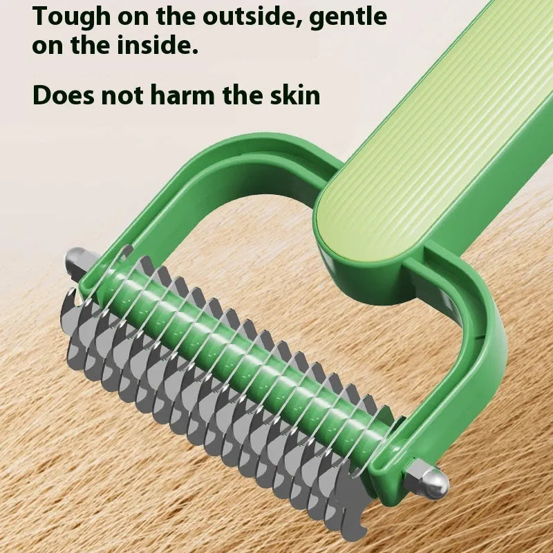 Green and grey dog grooming combs with stainless steel detangling teeth