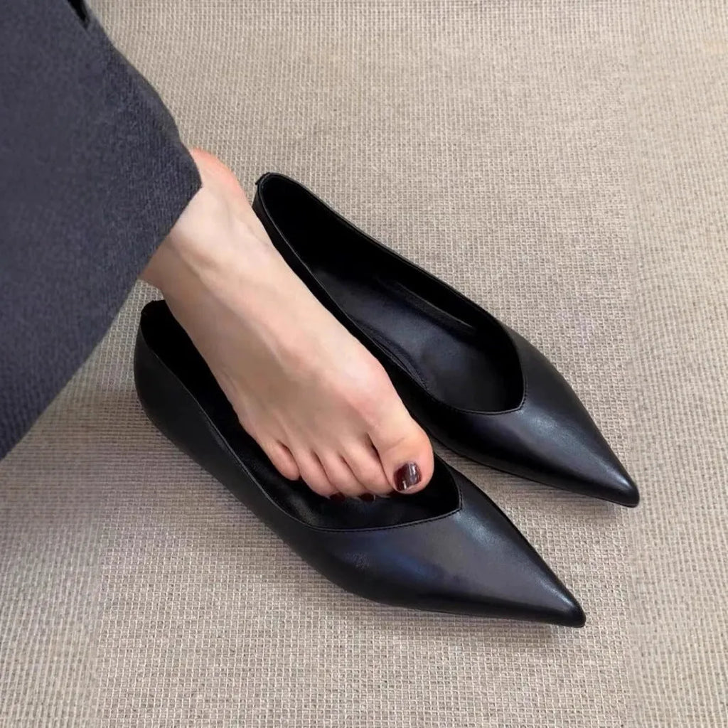 French minimalist pointed toe flat pumps with height increasing insole, solid colour, flanging details