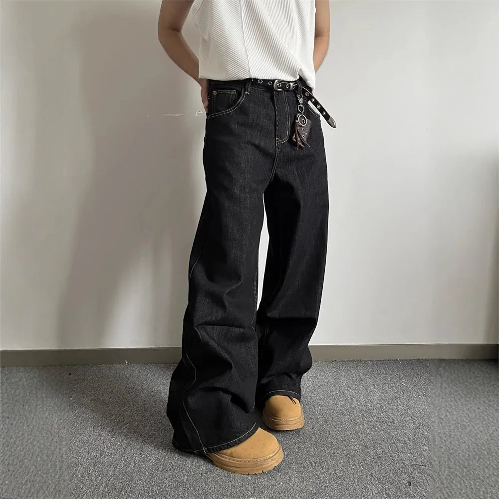 Black loose wide-leg retro jeans with straight-leg cut and mid-rise waist