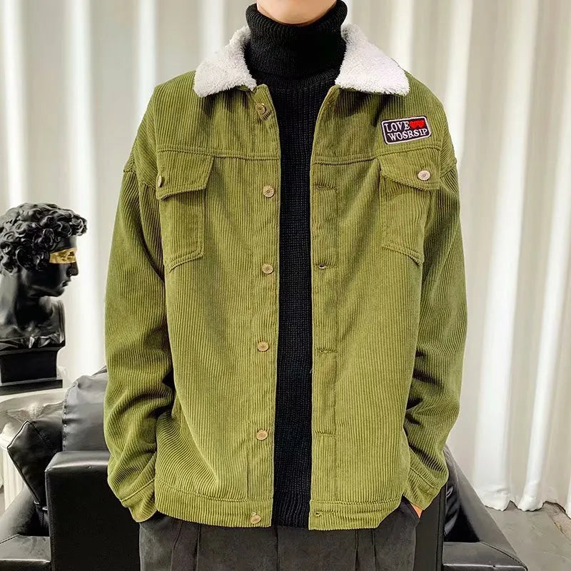 Men's corduroy workwear jacket in loose fit with stick pockets available in khaki, green and black colours