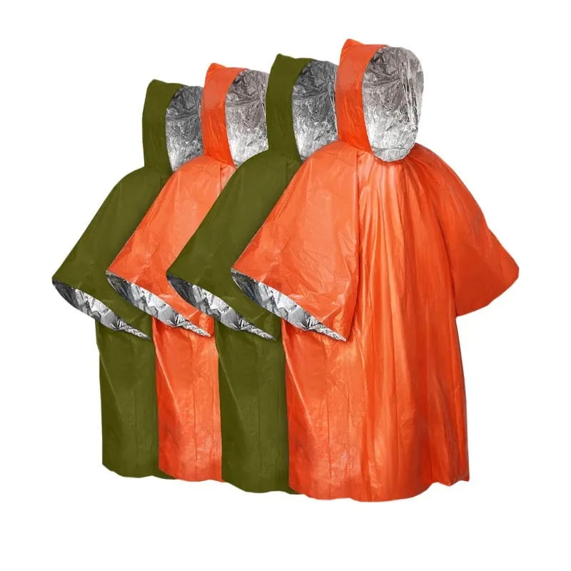 Marathon Wild waterproof raincoat in orange or army green, showing hood and full-length design.