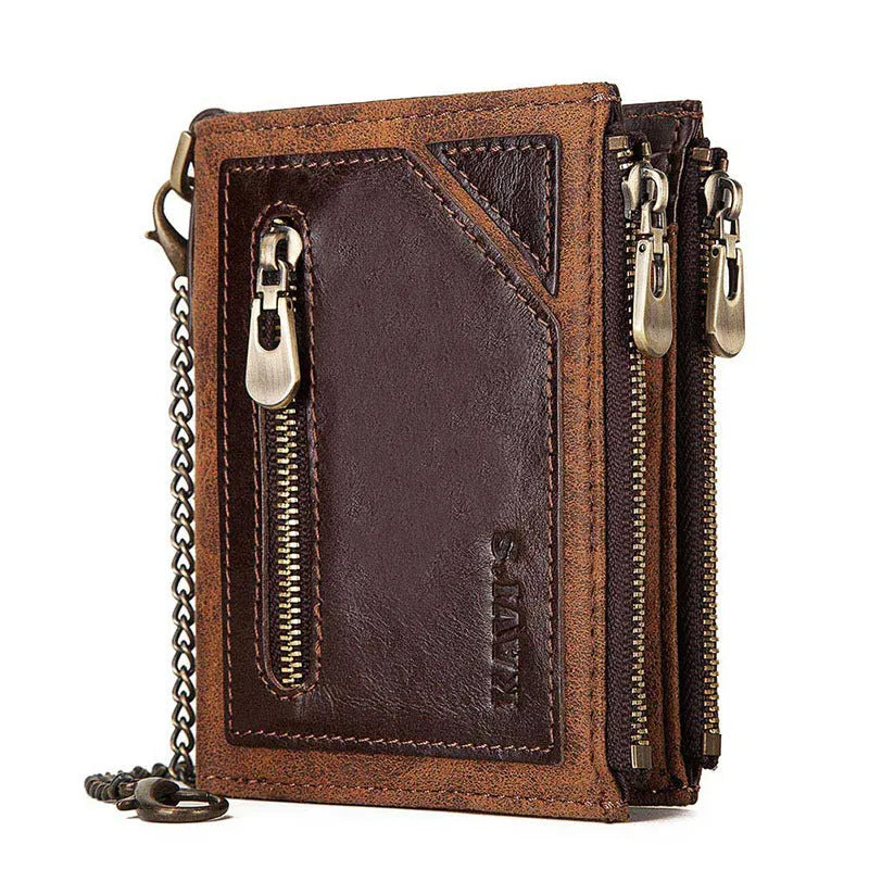 Dark brown men's leather wallet with chain detail showing RFID protection functionality