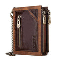 Dark brown men's leather wallet with chain detail showing RFID protection functionality
