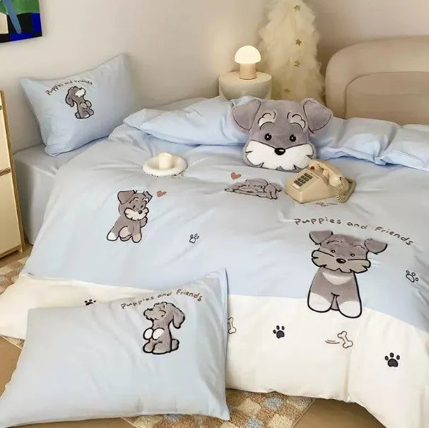 Cute Schnauzer cartoon bedding set with embroidered design on cotton quilt cover and matching pillowcases