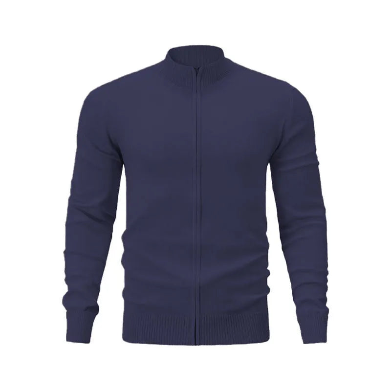 Men's stand collar casual sports sweater with front zipper in a solid colour.