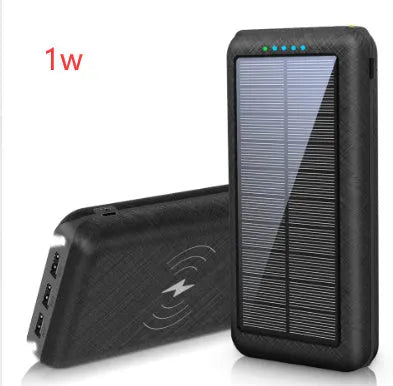 Black portable power bank with wireless charging surface and three USB ports for multiple device charging
