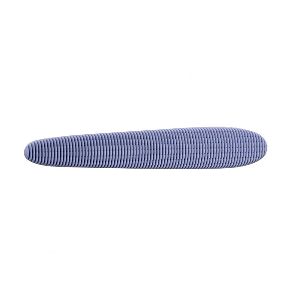 Grey cat grooming comb with tongue massager design showing narrow and wide ends