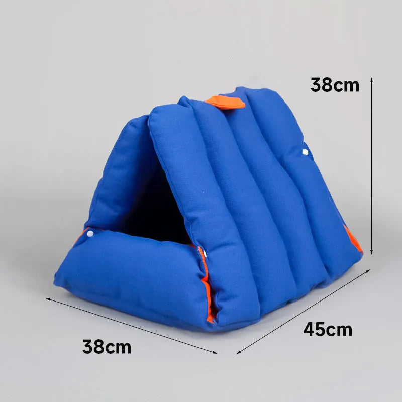 Blue triangular cat bed with removable cotton cover and side combination holes