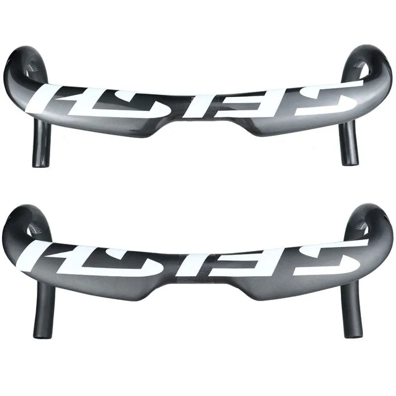 Carbon fibre road bike drop handlebar showing bend profile, available in multiple widths and light colour finishes.