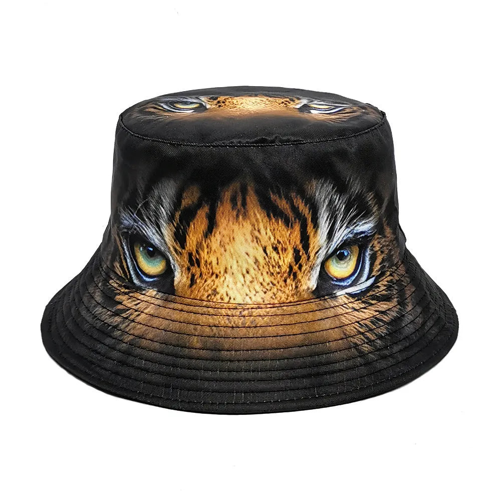 Khaki tiger print polyester bucket hat with dome crown shown at angle