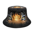 Khaki tiger print polyester bucket hat with dome crown shown at angle