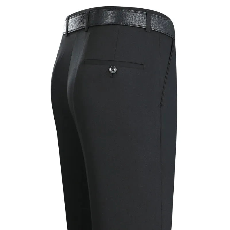Men's non-iron mulberry silk blend business trousers in straight leg cut with high waist