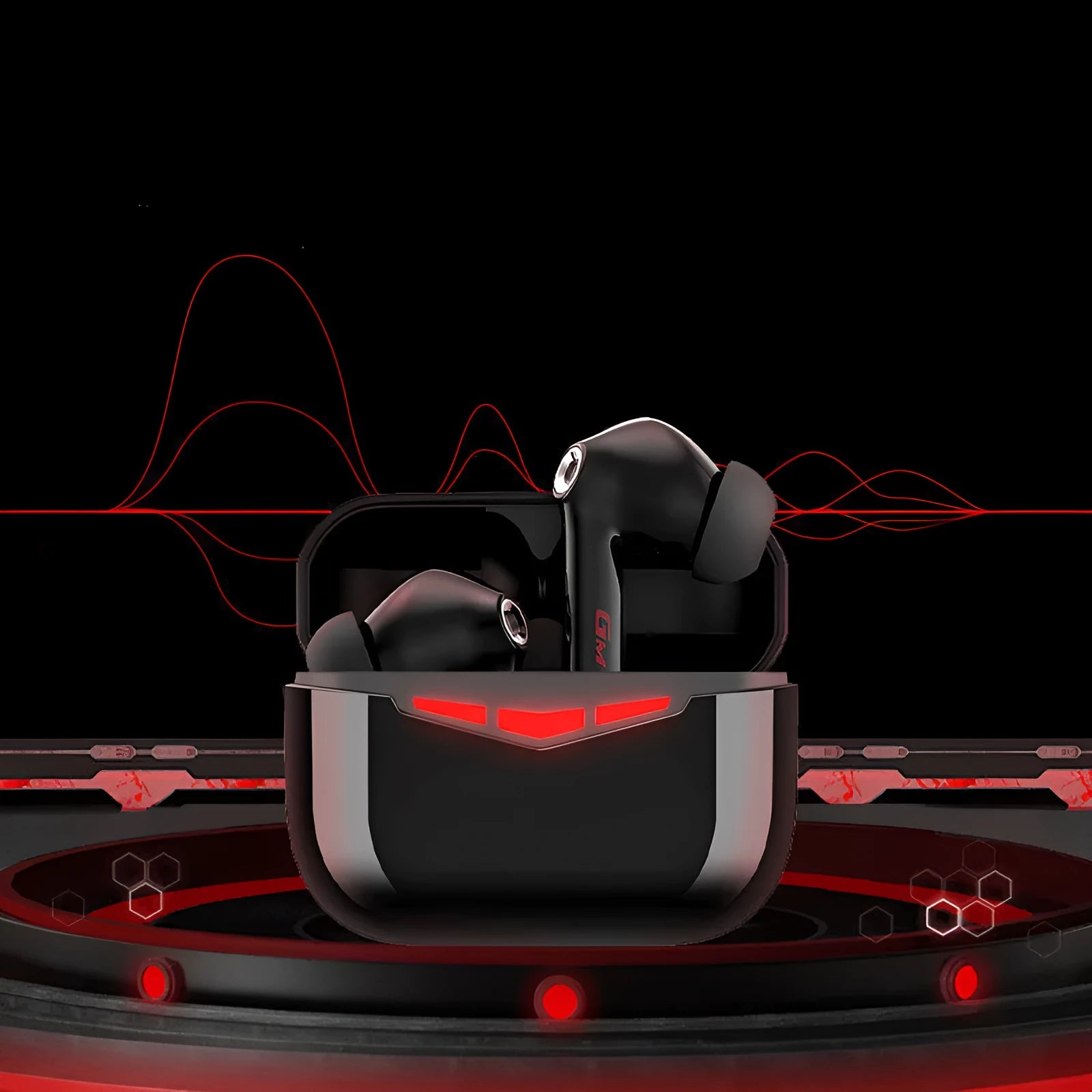 True wireless Bluetooth gaming headset in black with charging case and silicone ear tips.
