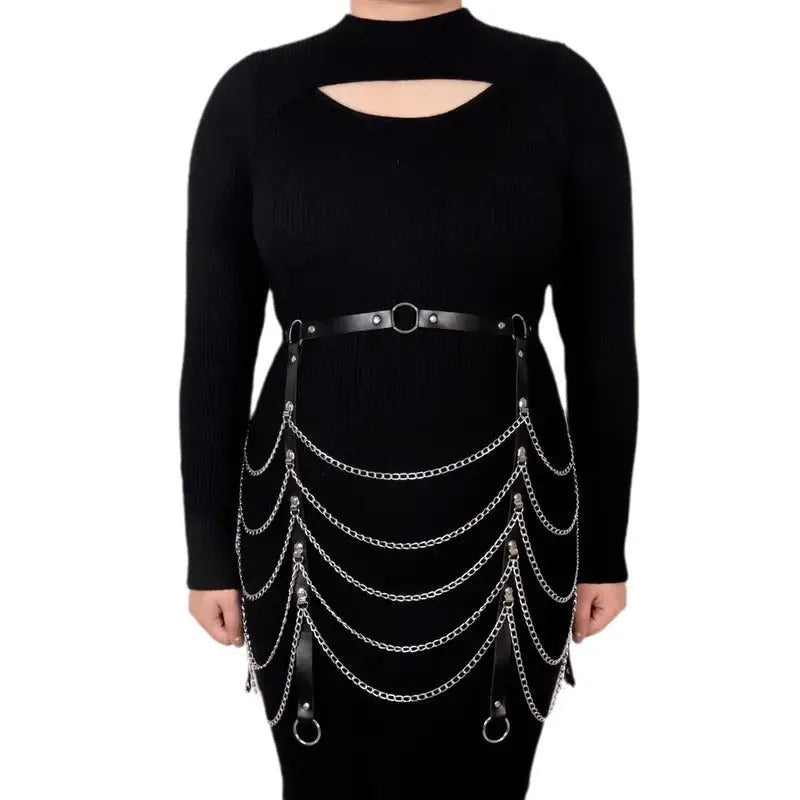 Black PU leather adjustable waist chain ornament for adult women.