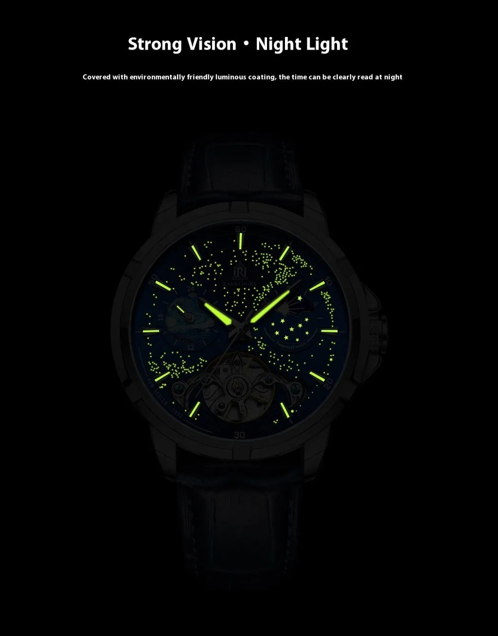 Men's blue dial automatic mechanical watch with 14mm thickness showing time display