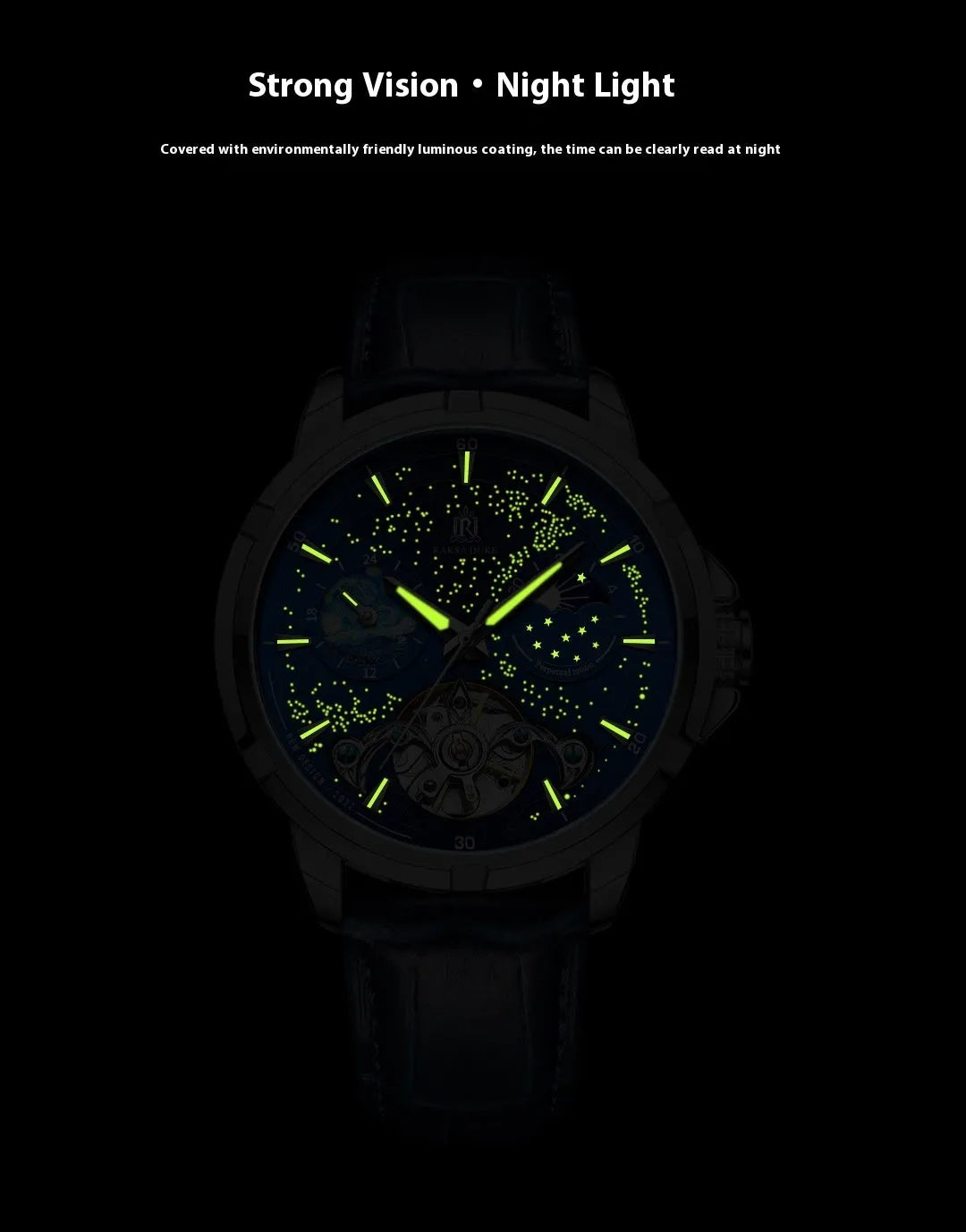 Men's blue dial automatic mechanical watch with 14mm thickness showing time display