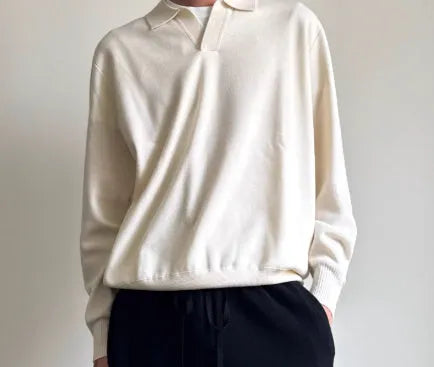 Men's pure wool polo sweater with lapel collar in milky white, loose fit casual knitwear