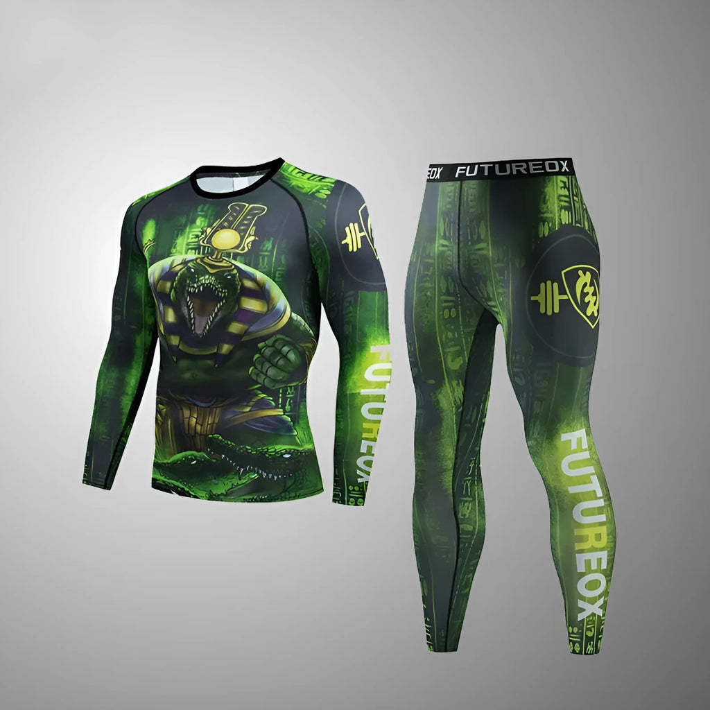 Men's slim-fit stretch sports suit set in ZF016 print design, includes long-sleeve top and trousers.