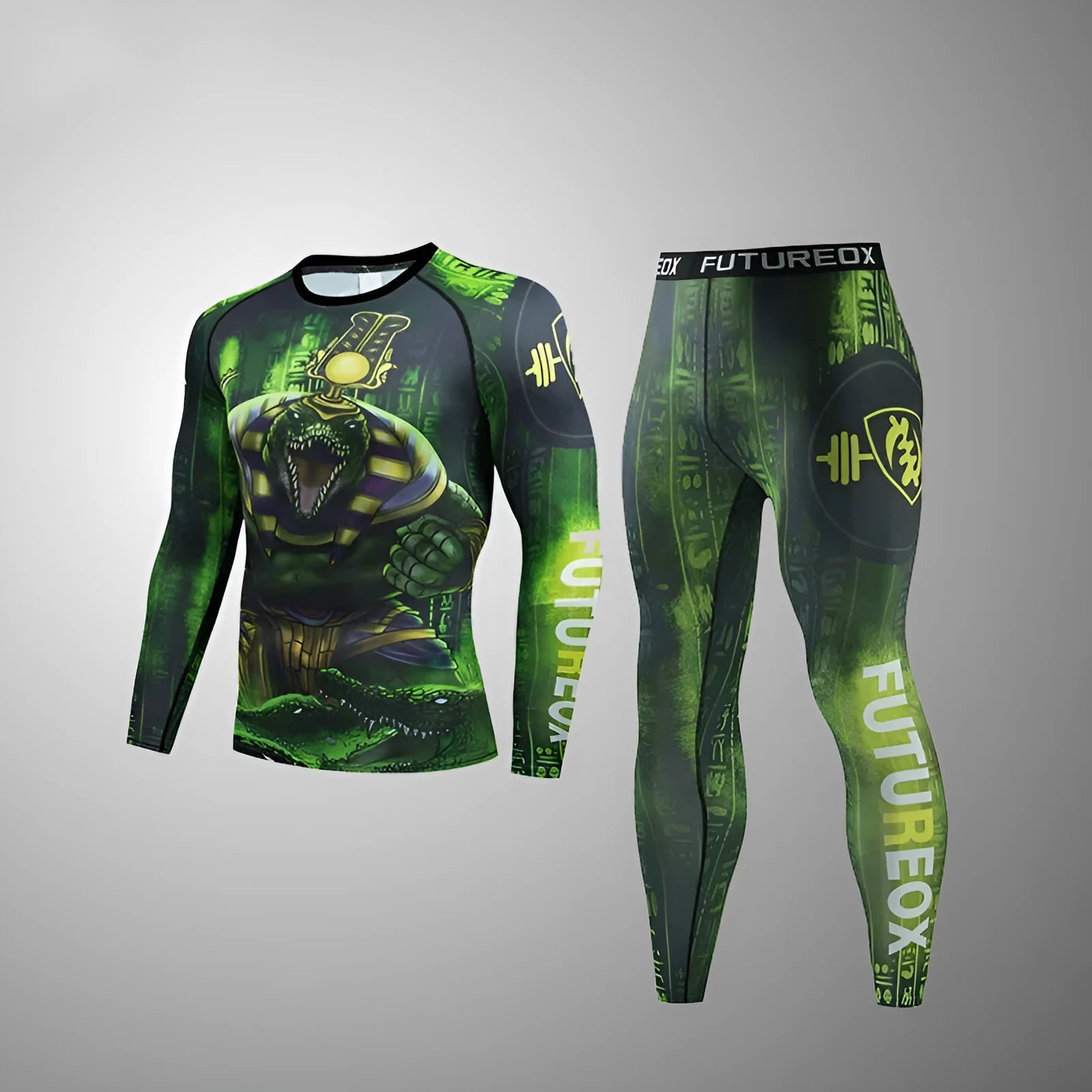 Men's slim-fit stretch sports suit set in ZF016 print design, includes long-sleeve top and trousers.