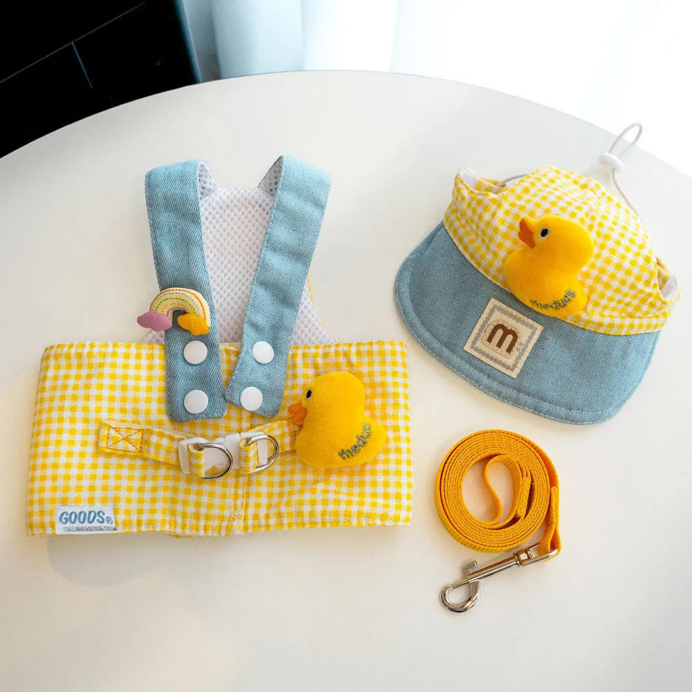 Three-piece pet set with cute hat, wire rope pulling rope, and harness with leash in various sizes