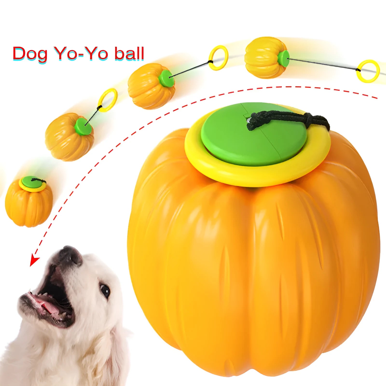 Green, orange, and yellow plastic pumpkin-shaped dog balls with squeakers for small dogs