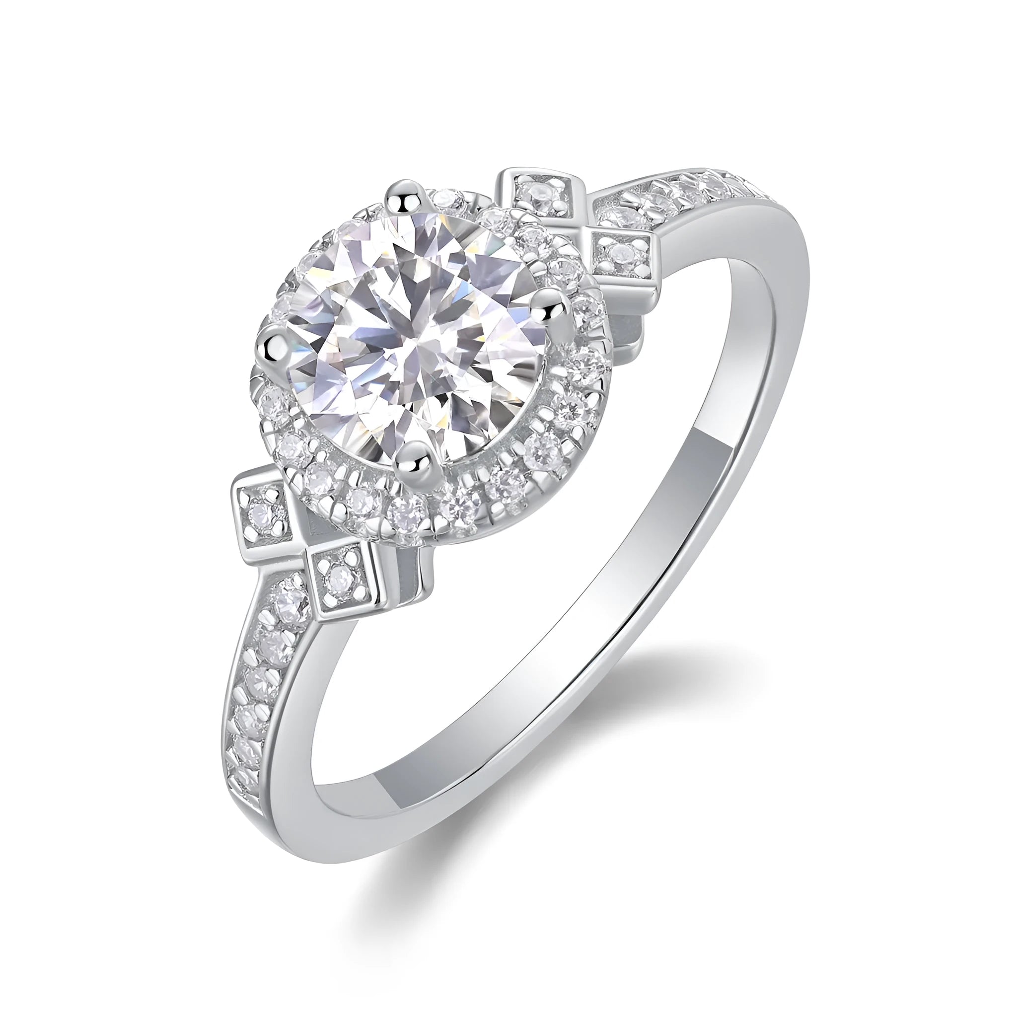 Lighthouse 1-carat moissanite wedding ring set with S925 silver platinum-plated band on display in gift box