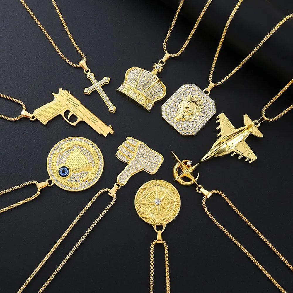 Geometric gold-tone women's necklace with inlaid zircon stones on a model.