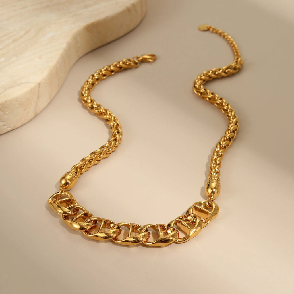 Women's stainless steel geometric chain necklace with gold plating and steel colour options