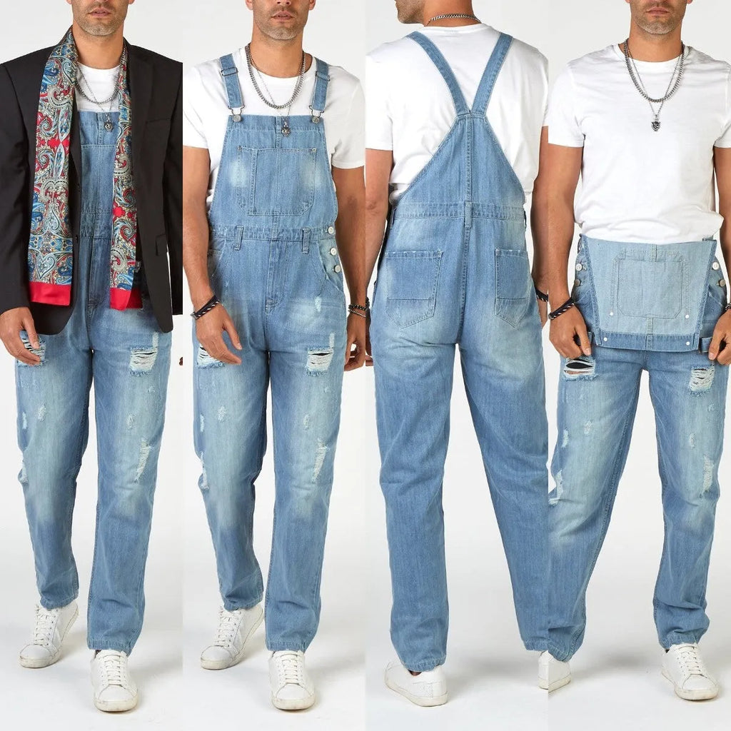 Light blue men's suspender jeans with ripped detailing and high waist straight leg cut