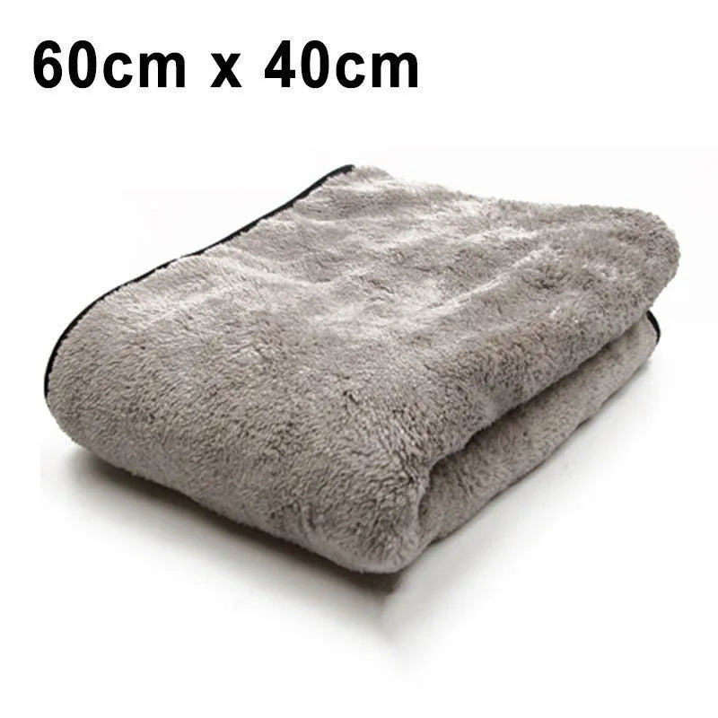 Microfiber car cleaning towel shown in three size variations: 75x35cm, 60x40cm, and 100x40cm.