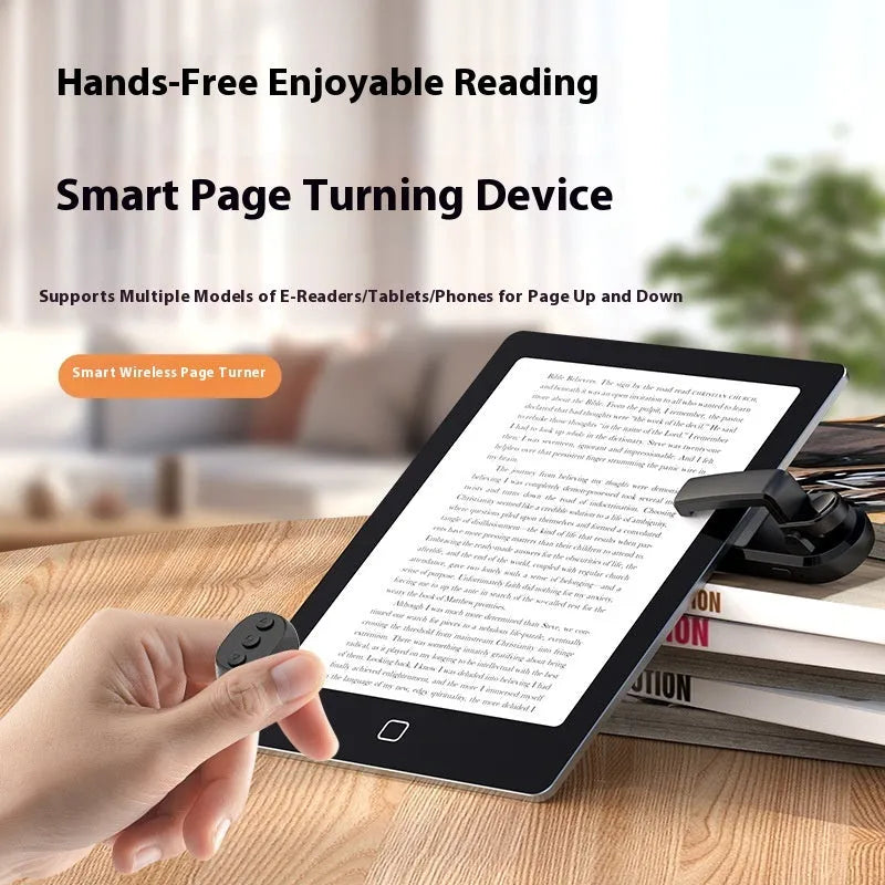 Wireless page turner remote control and foot clicker for tablets on a wooden table.