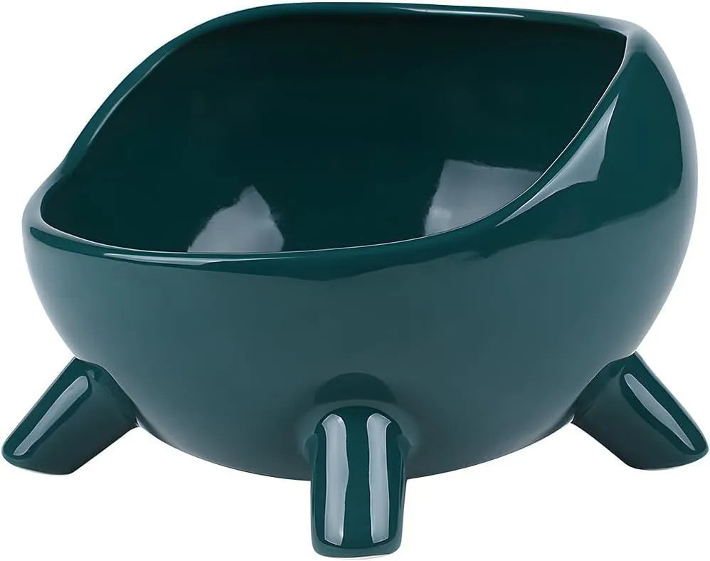 Green ceramic pet food bowl with four stabilising legs and wide opening