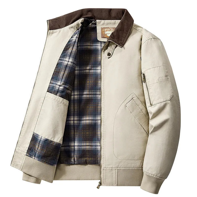 Men's plus size washed cotton baseball flight jacket in army green.