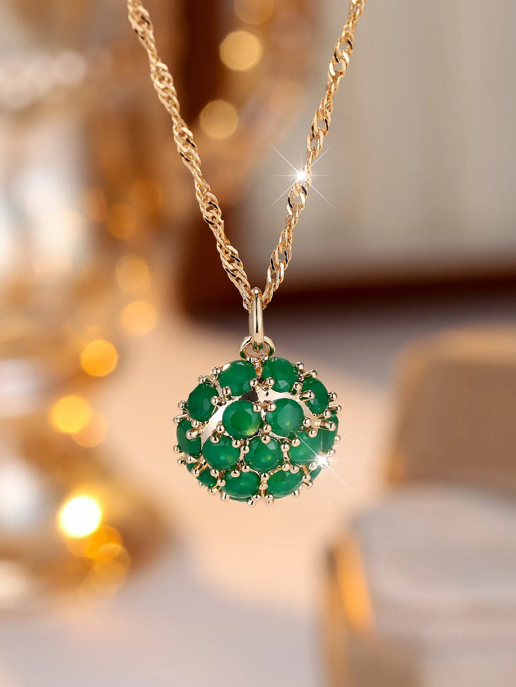 Round geometric emerald diamond women's necklace with adjustable chain in champagne gold colour