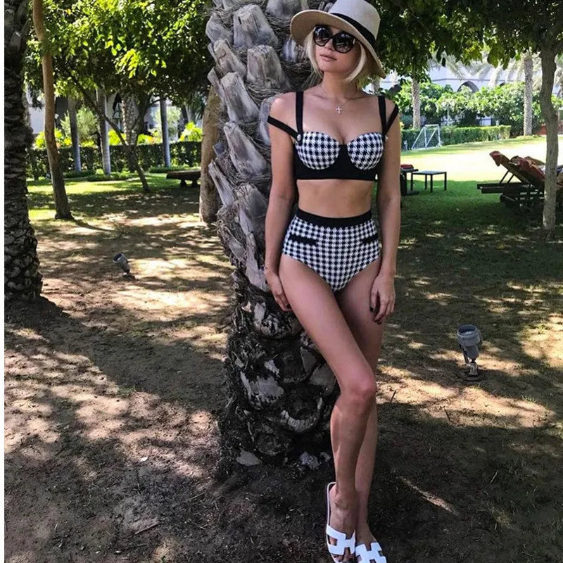 Black houndstooth push up bandage bikini set for women, artificial fibre, sizes XS to L, with top and pants