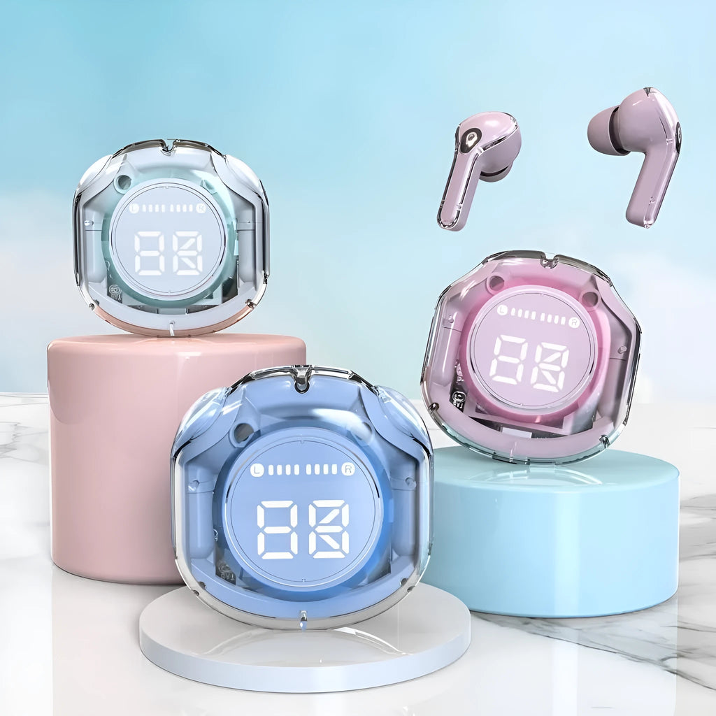 Transparent warehouse Bluetooth headset in white, black, pink, sky blue or violet with 15m wireless range
