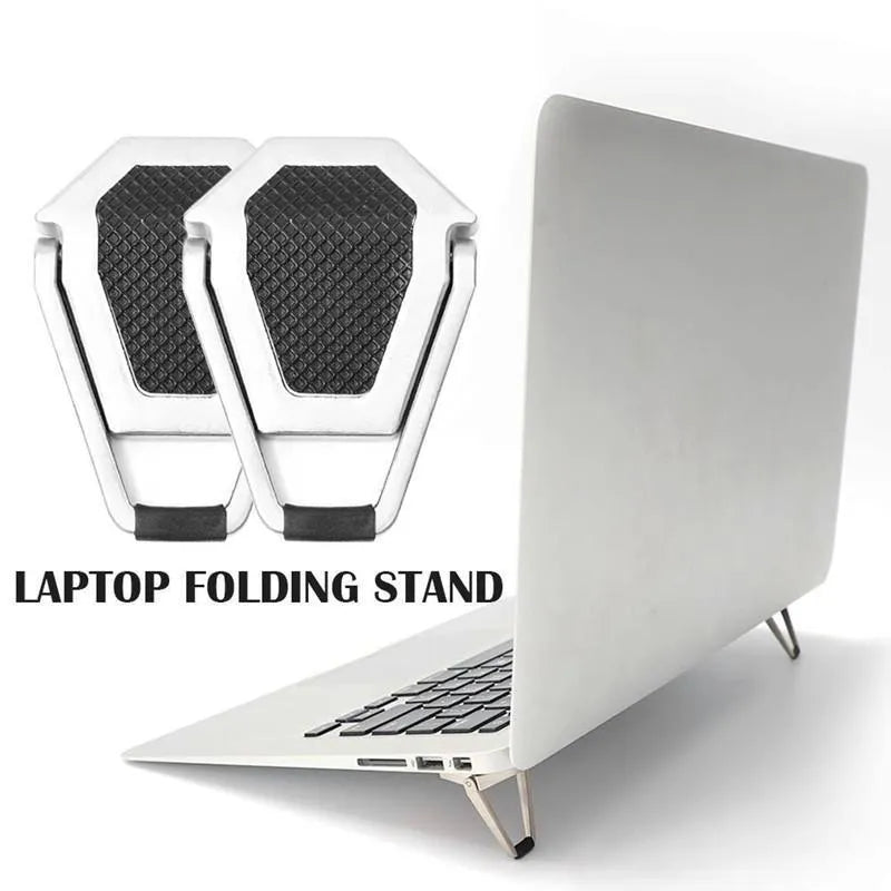 Compact foldable aluminium laptop stand bracket in silver and white with 3M adhesive pads