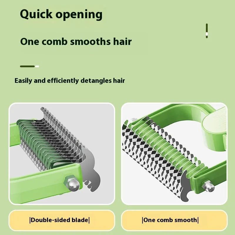 Green and grey dog grooming combs with stainless steel detangling teeth