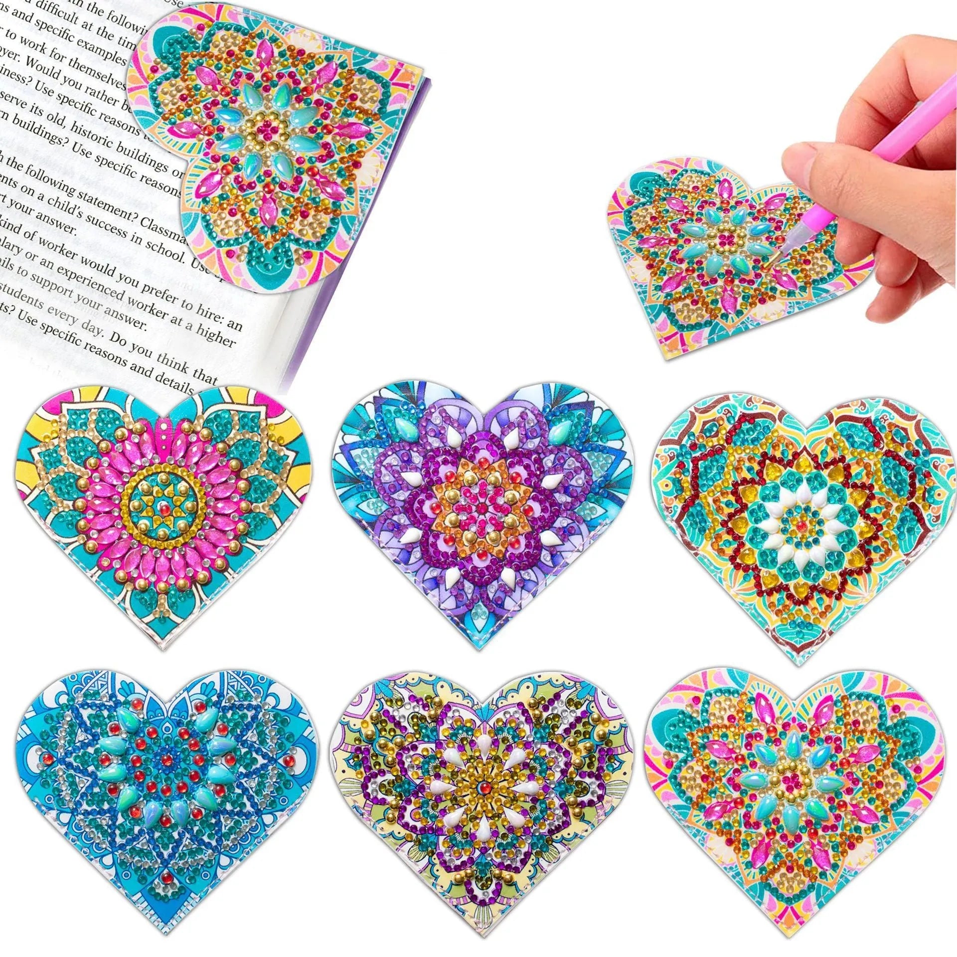 Six handmade PU leather bookmarks with crystal and floral corner designs on a book.