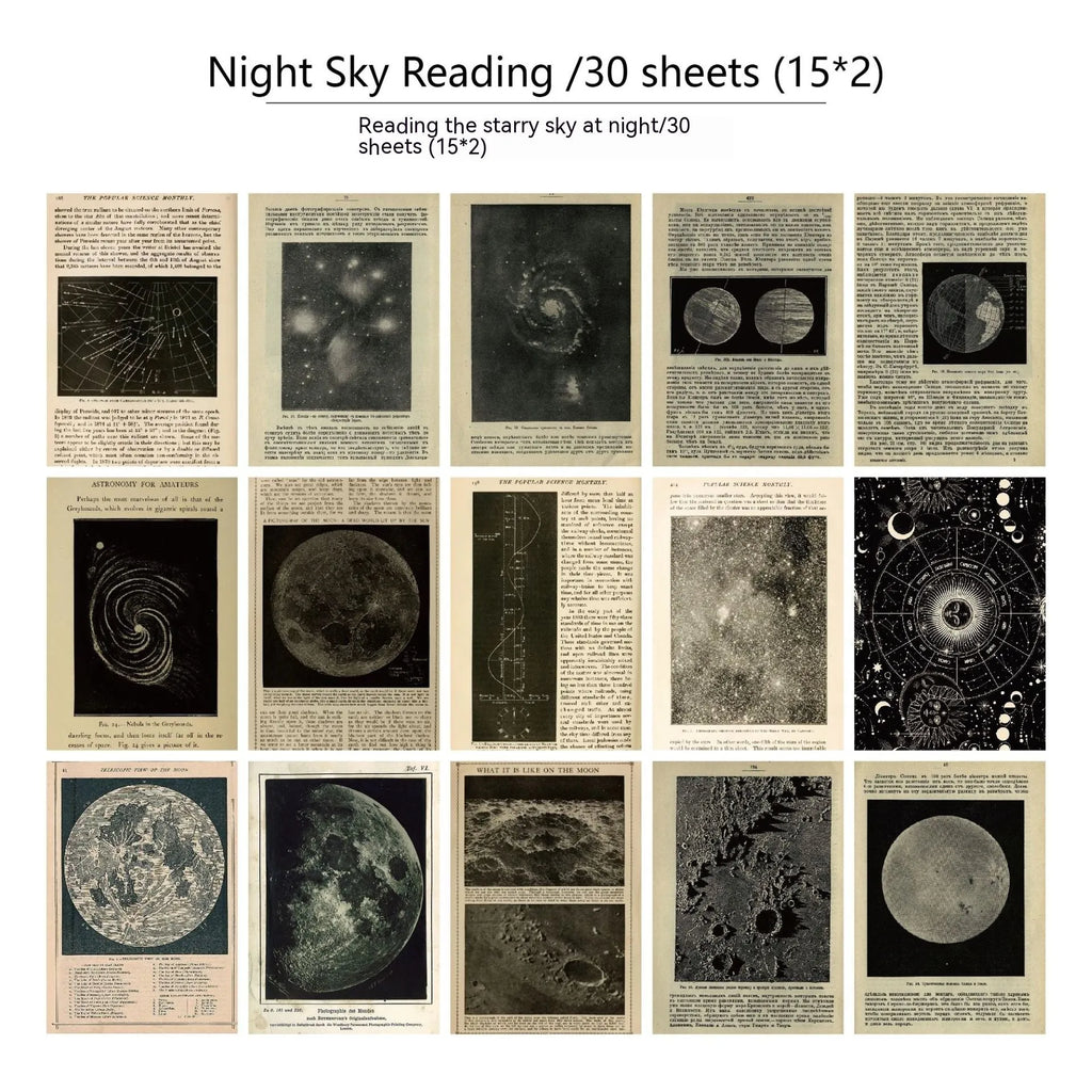 30-piece set of retro-style printed scrapbook papers in six colour themes for diary decoration