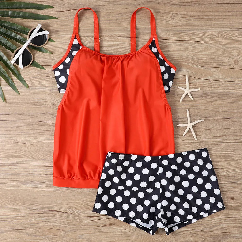 Women's polka dot print high-waist boxer swimsuit briefs in multiple colours.