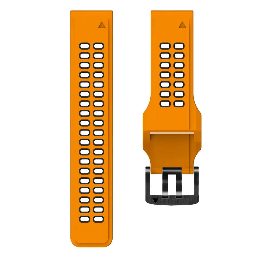 Two-tone quick release silicone watch strap on a pin buckle, shown in an army green and black colour combination.