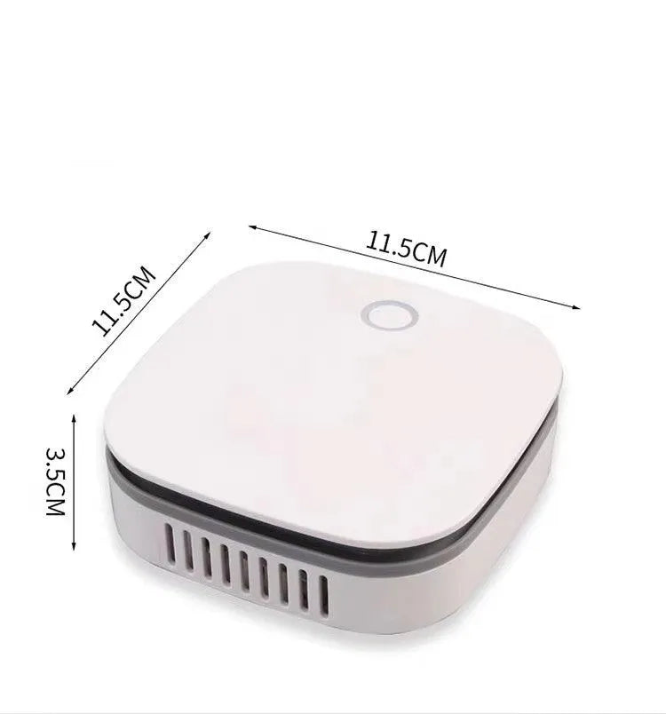 White USB-powered air purifier with button control for car and small room use.