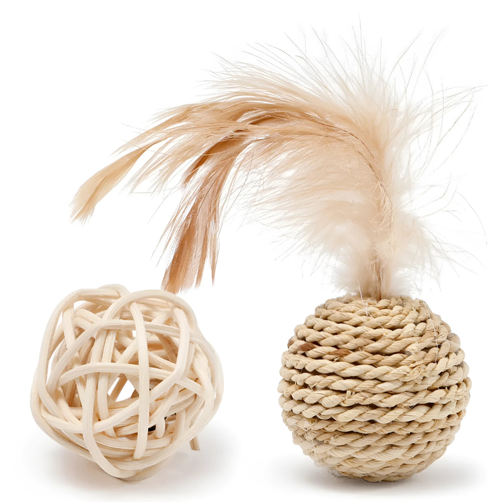 Two cat ball toys: rattan ball with bell and faux feather ball with coloured feathers for interactive play