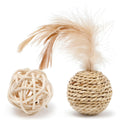Two cat ball toys: rattan ball with bell and faux feather ball with coloured feathers for interactive play